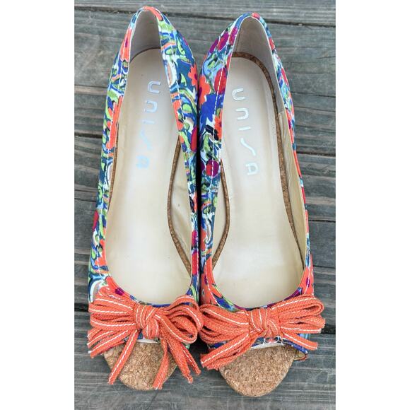 Unisa women’s Unastor floral blue/orange wedge platform heels shoes (size 8.5) - Picture 3 of 7
